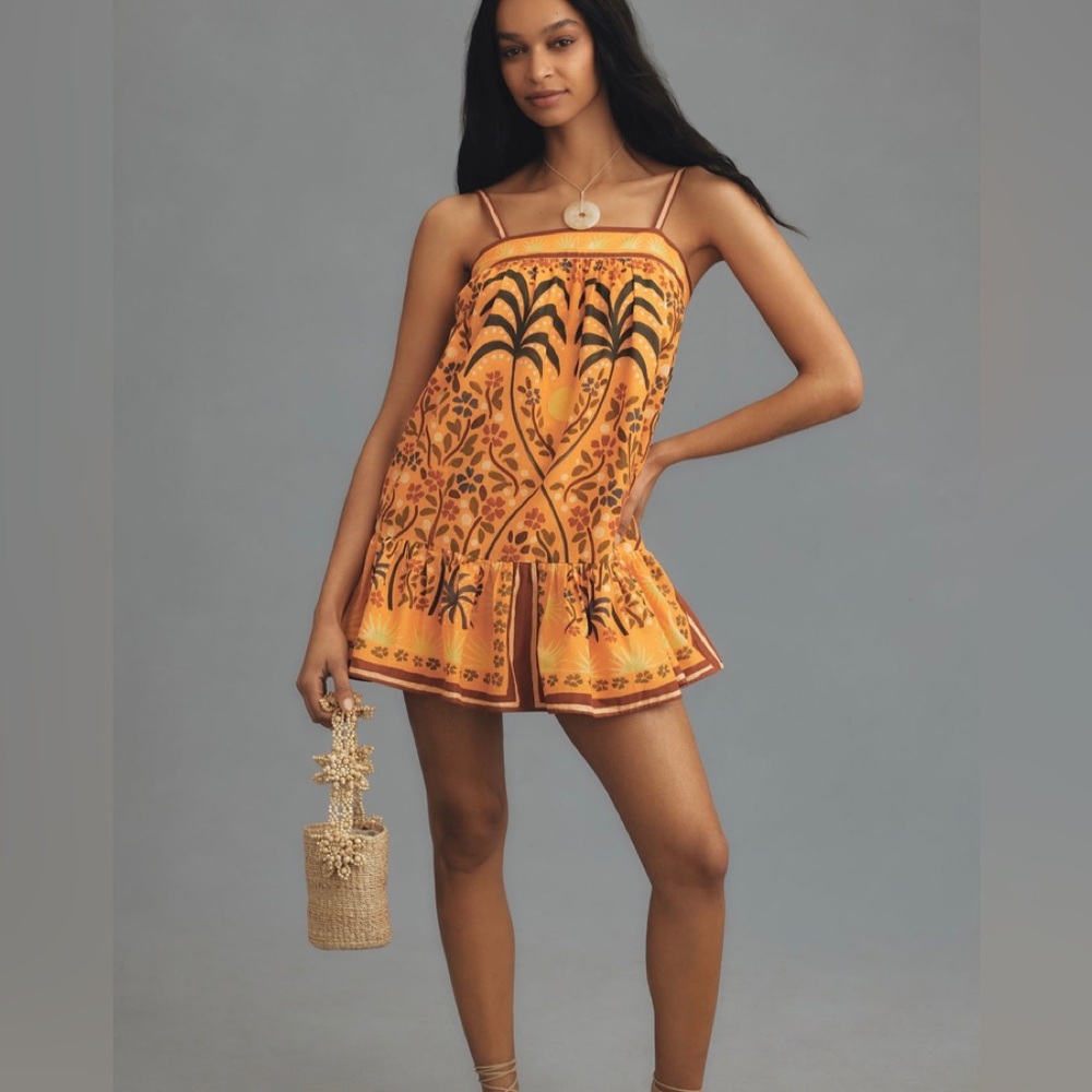 NWT Farm Rio Sleeveless Square-Neck Shift Mini Dress Orange Tropical Large